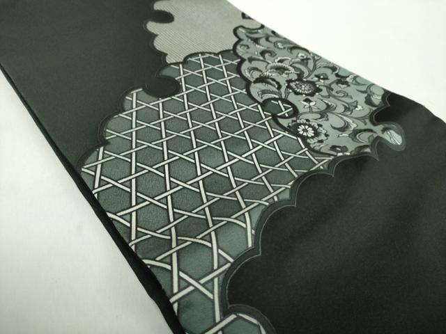 平和屋着物●九寸開き名古屋帯　雪輪重ね更紗花文　黒地　正絹　逸品　DABE5201ps