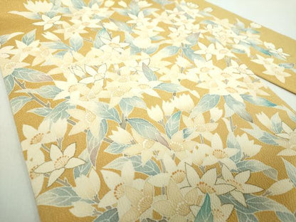 平和屋着物●九寸名古屋帯　枝花文　鬼しぼ縮緬　金彩　正絹　逸品　DABE5204ps