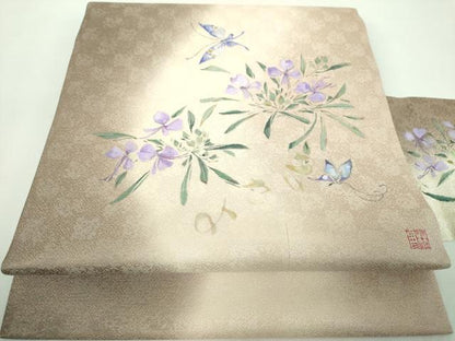 平和屋着物●九寸名古屋帯　作家物　手描き　舞蝶花文　金銀彩　さが美扱い　正絹　逸品　DABE5205ps