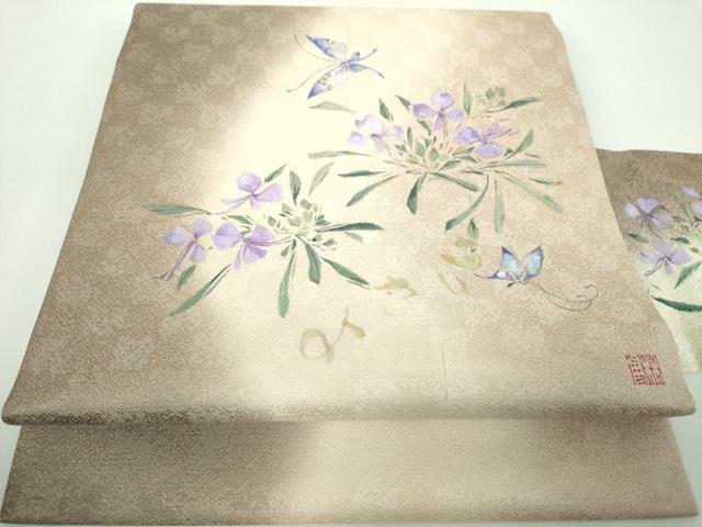 平和屋着物●九寸名古屋帯　作家物　手描き　舞蝶花文　金銀彩　さが美扱い　正絹　逸品　DABE5205ps