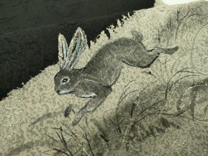 平和屋着物●太鼓柄袋帯　手描き　兎　黒地　金銀彩　正絹　逸品　DABE5294ps