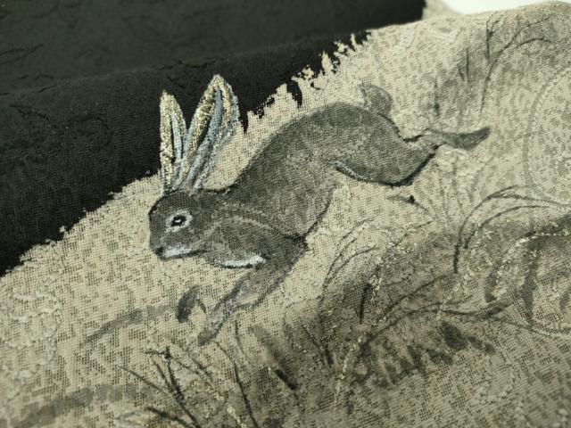 平和屋着物●太鼓柄袋帯　手描き　兎　黒地　金銀彩　正絹　逸品　DABE5294ps
