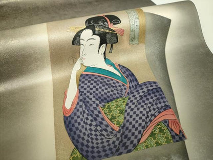 平和屋着物●友禅師・京の名工・伝統工芸士・樽本伊勢蔵 太鼓柄袋帯 手描き 喜多川歌麿 ビロードを吹く女 金糸 引箔 正絹 逸品 DABE5297ps