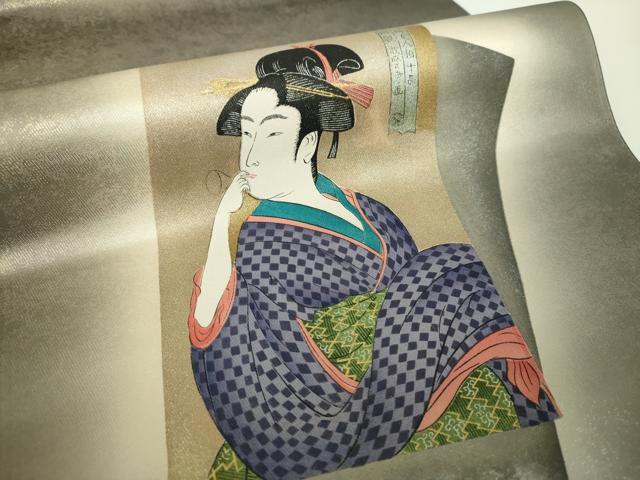 平和屋着物●友禅師・京の名工・伝統工芸士・樽本伊勢蔵 太鼓柄袋帯 手描き 喜多川歌麿 ビロードを吹く女 金糸 引箔 正絹 逸品 DABE5297ps
