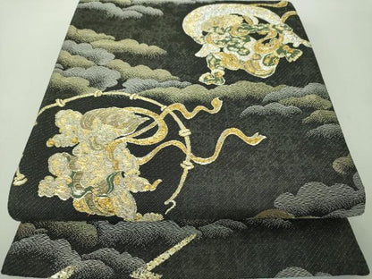 平和屋着物▽六通柄袋帯　スリーシーズン　春夏秋　風神雷神　黒地　金銀糸　正絹　逸品　DABE5299ps