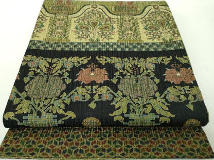 平和屋着物●両面　太鼓柄袋帯　更紗花文　金彩　正絹　逸品　DABE5303ps