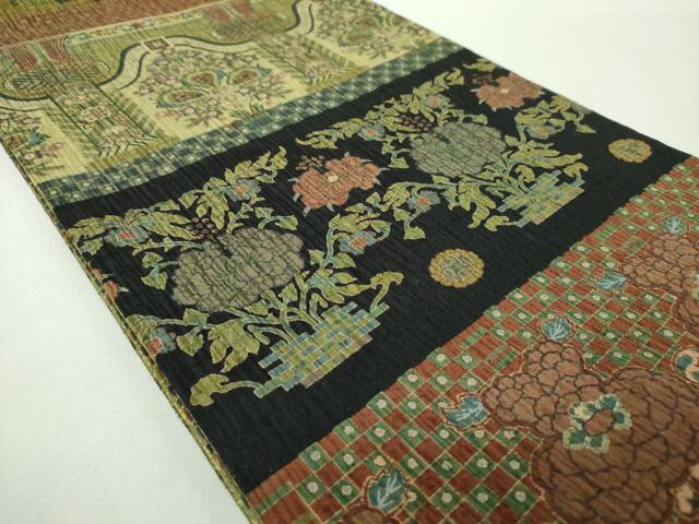 平和屋着物●両面　太鼓柄袋帯　更紗花文　金彩　正絹　逸品　DABE5303ps