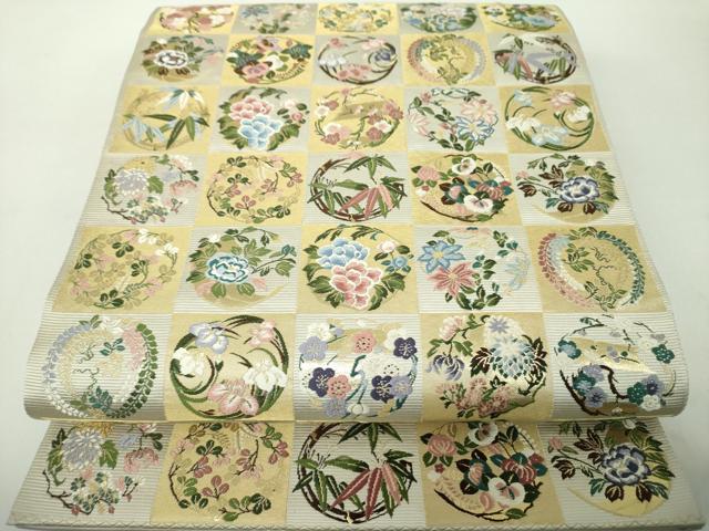平和屋着物●西陣の老舗　1782年創業　山下織物　六通柄袋帯　唐織　市松取四季花の丸　金糸　正絹　逸品　DABE5305ps