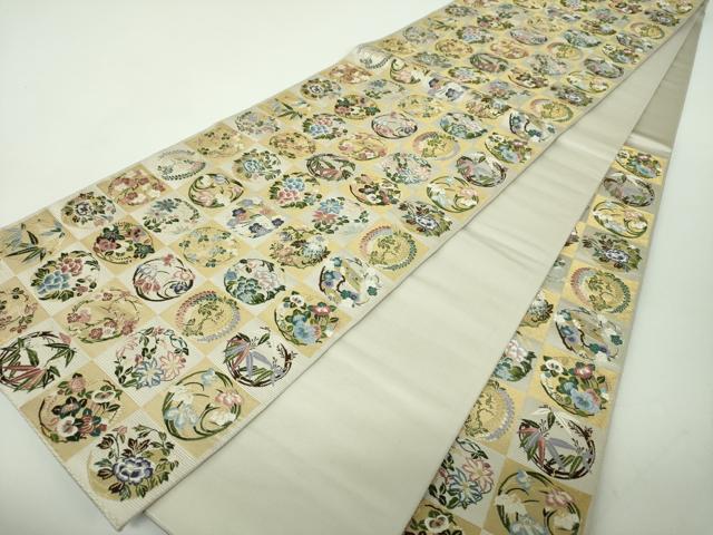 平和屋着物●西陣の老舗　1782年創業　山下織物　六通柄袋帯　唐織　市松取四季花の丸　金糸　正絹　逸品　DABE5305ps
