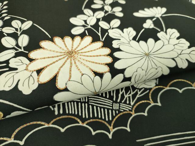 平和屋着物●塩瀬　九寸名古屋帯　駒刺繍　雲取り柴垣花文　黒地　金糸　正絹　逸品　DABE5316ps