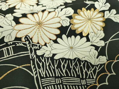 平和屋着物●塩瀬　九寸名古屋帯　駒刺繍　雲取り柴垣花文　黒地　金糸　正絹　逸品　DABE5316ps