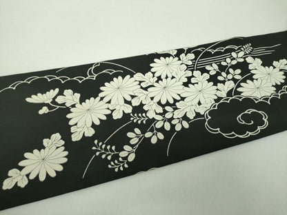 平和屋着物●塩瀬　九寸名古屋帯　駒刺繍　雲取り柴垣花文　黒地　金糸　正絹　逸品　DABE5316ps