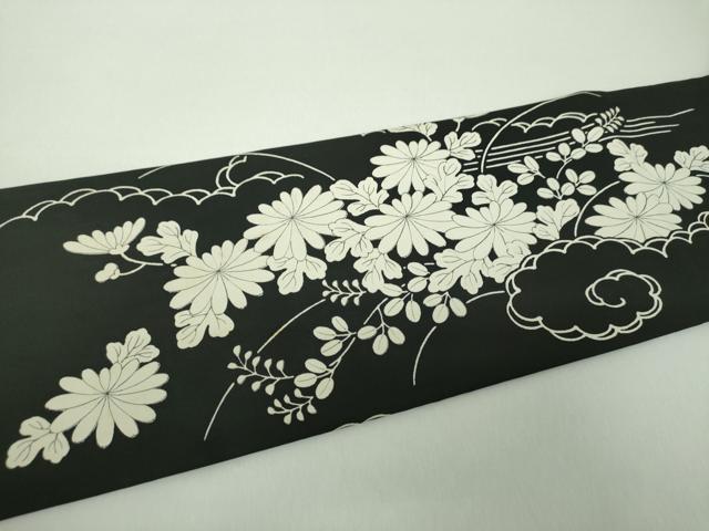 平和屋着物●塩瀬　九寸名古屋帯　駒刺繍　雲取り柴垣花文　黒地　金糸　正絹　逸品　DABE5316ps