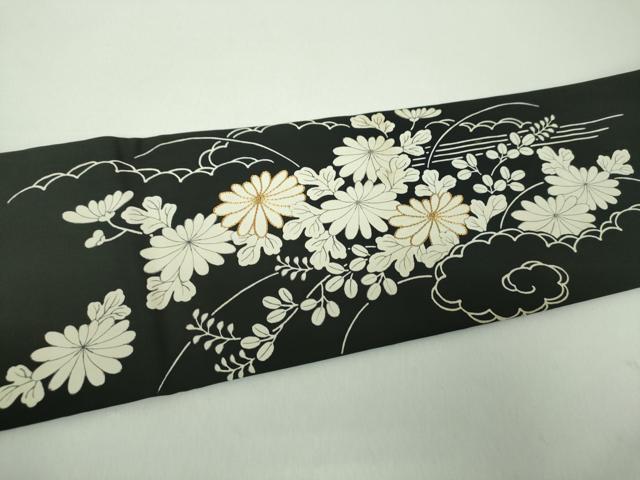 平和屋着物●塩瀬　九寸名古屋帯　駒刺繍　雲取り柴垣花文　黒地　金糸　正絹　逸品　DABE5316ps