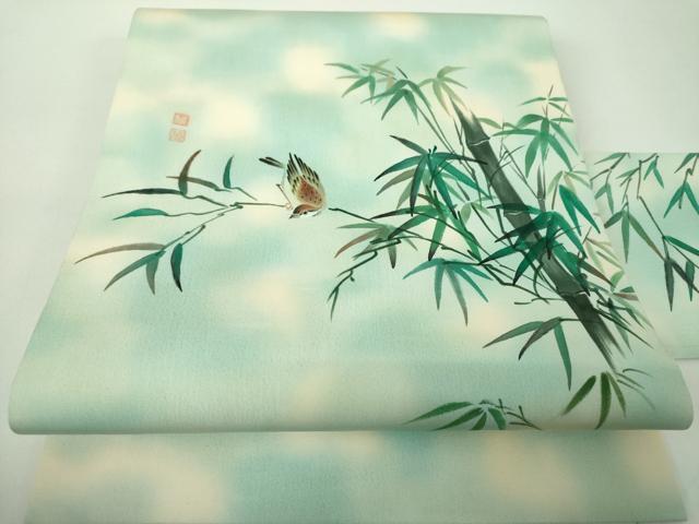 平和屋着物●塩瀬　九寸名古屋帯　作家物　手描き　雀　笹竹文　正絹　逸品　DABE5317ps