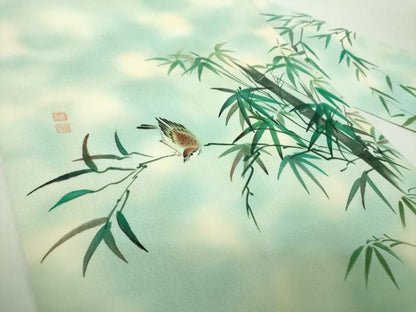 平和屋着物●塩瀬　九寸名古屋帯　作家物　手描き　雀　笹竹文　正絹　逸品　DABE5317ps