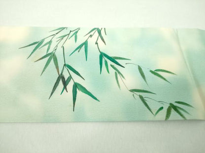平和屋着物●塩瀬　九寸名古屋帯　作家物　手描き　雀　笹竹文　正絹　逸品　DABE5317ps