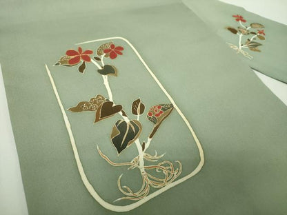 平和屋着物●塩瀬　九寸名古屋帯　駒刺繍　草花文　金彩　正絹　逸品　DABE5318ps