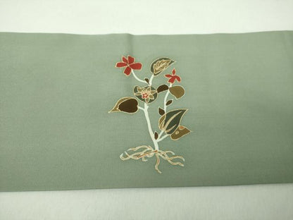 平和屋着物●塩瀬　九寸名古屋帯　駒刺繍　草花文　金彩　正絹　逸品　DABE5318ps