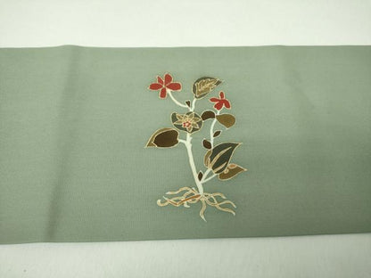 平和屋着物●塩瀬　九寸名古屋帯　駒刺繍　草花文　金彩　正絹　逸品　DABE5318ps