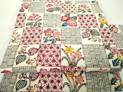 平和屋着物●九寸名古屋帯　型染　市松花文　正絹　逸品　DABE5319ps