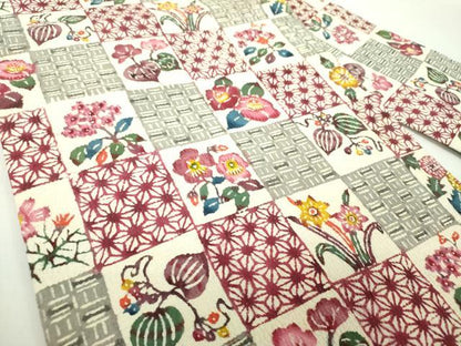 平和屋着物●九寸名古屋帯　型染　市松花文　正絹　逸品　DABE5319ps