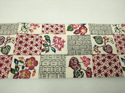 平和屋着物●九寸名古屋帯　型染　市松花文　正絹　逸品　DABE5319ps