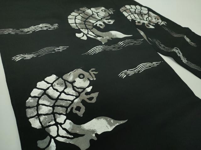 平和屋着物●九寸名古屋帯　名物裂　荒磯　黒地　銀彩　正絹　逸品　DABE5320ps