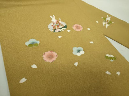 平和屋着物●九寸名古屋帯　兎　一寸法師　舞桜　鬼しぼ縮緬　金彩　正絹　逸品　未使用　DABE5321ps