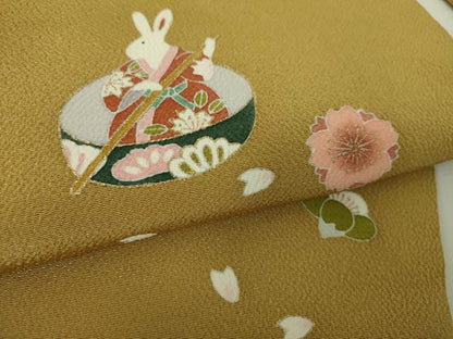 平和屋着物●九寸名古屋帯　兎　一寸法師　舞桜　鬼しぼ縮緬　金彩　正絹　逸品　未使用　DABE5321ps