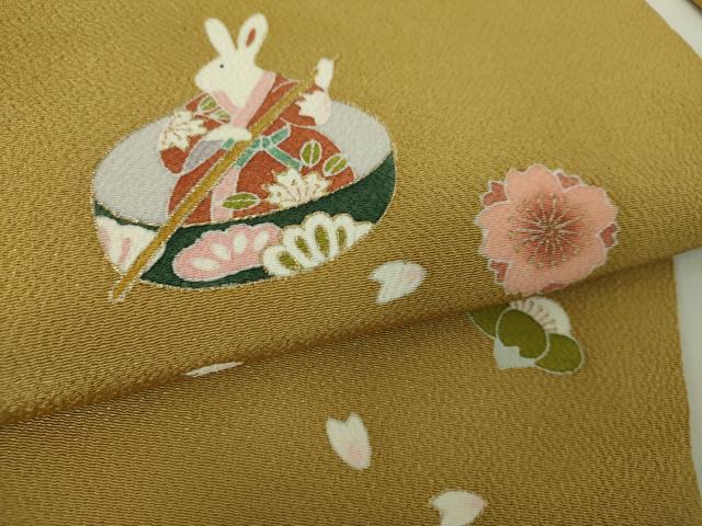 平和屋着物●九寸名古屋帯　兎　一寸法師　舞桜　鬼しぼ縮緬　金彩　正絹　逸品　未使用　DABE5321ps