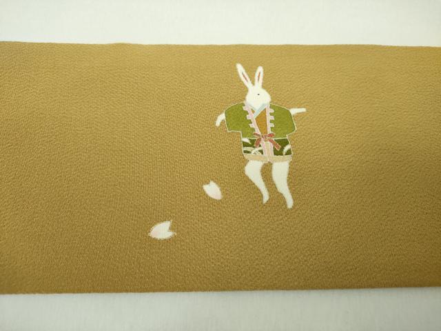 平和屋着物●九寸名古屋帯　兎　一寸法師　舞桜　鬼しぼ縮緬　金彩　正絹　逸品　未使用　DABE5321ps
