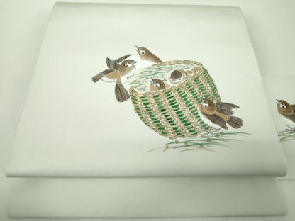 平和屋着物●塩瀬　九寸名古屋帯　作家物　手描き　雀　正絹　逸品　DABE5325ps