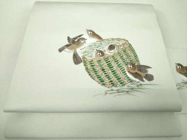 平和屋着物●塩瀬　九寸名古屋帯　作家物　手描き　雀　正絹　逸品　DABE5325ps