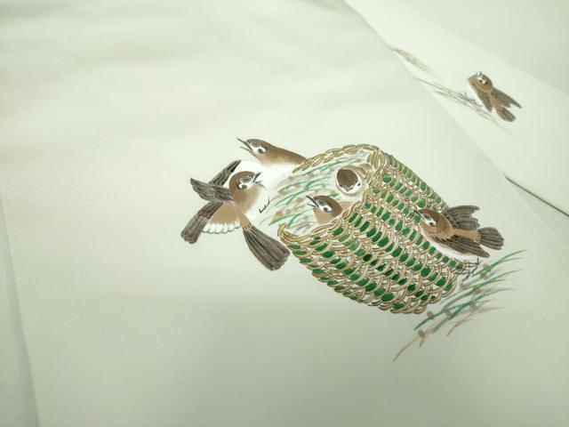 平和屋着物●塩瀬　九寸名古屋帯　作家物　手描き　雀　正絹　逸品　DABE5325ps