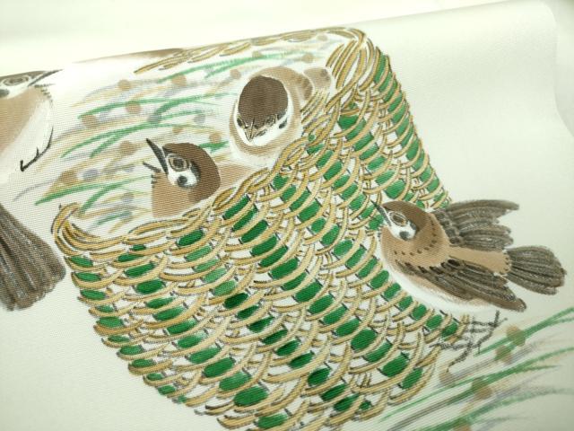 平和屋着物●塩瀬　九寸名古屋帯　作家物　手描き　雀　正絹　逸品　DABE5325ps
