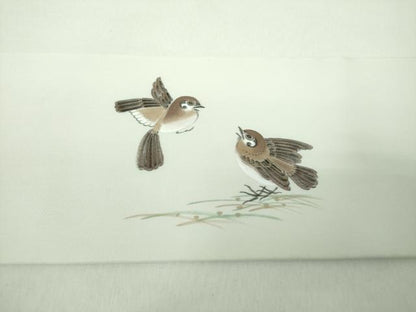 平和屋着物●塩瀬　九寸名古屋帯　作家物　手描き　雀　正絹　逸品　DABE5325ps