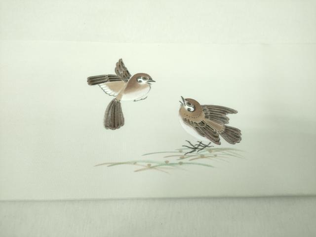 平和屋着物●塩瀬　九寸名古屋帯　作家物　手描き　雀　正絹　逸品　DABE5325ps