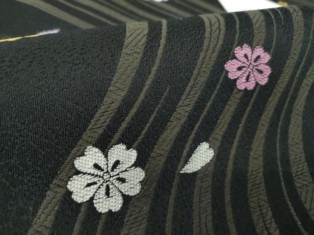 平和屋着物●九寸名古屋帯　唐織　流水桜　黒地　正絹　逸品　未使用　DABE5327ps