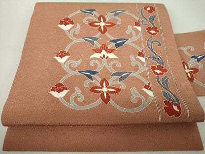 平和屋着物●九寸名古屋帯　刺繍　更紗花唐草文　金彩　正絹　逸品　未使用　DABE5328ps