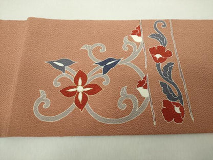 平和屋着物●九寸名古屋帯　刺繍　更紗花唐草文　金彩　正絹　逸品　未使用　DABE5328ps