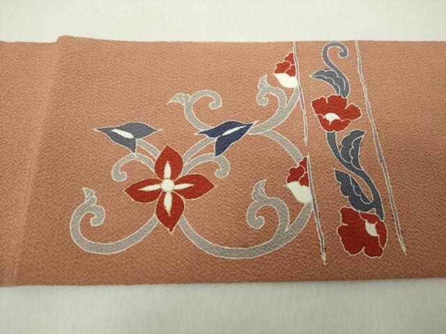 平和屋着物●九寸名古屋帯　刺繍　更紗花唐草文　金彩　正絹　逸品　未使用　DABE5328ps