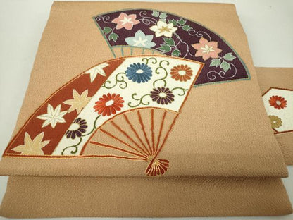平和屋着物●九寸名古屋帯　駒刺繍　扇面花文　鬼しぼ縮緬　金彩　正絹　逸品　DABE5329ps