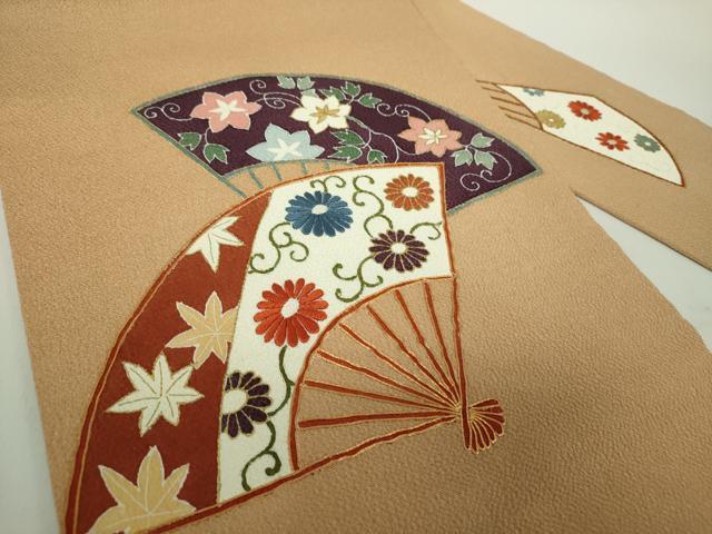 平和屋着物●九寸名古屋帯　駒刺繍　扇面花文　鬼しぼ縮緬　金彩　正絹　逸品　DABE5329ps
