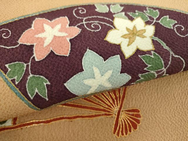 平和屋着物●九寸名古屋帯　駒刺繍　扇面花文　鬼しぼ縮緬　金彩　正絹　逸品　DABE5329ps