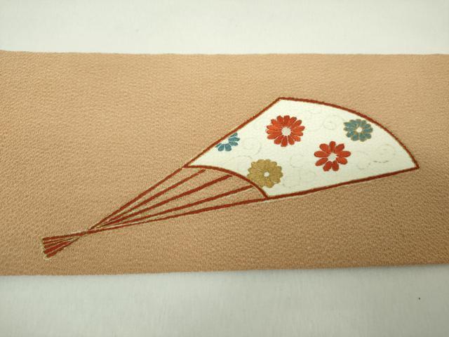 平和屋着物●九寸名古屋帯　駒刺繍　扇面花文　鬼しぼ縮緬　金彩　正絹　逸品　DABE5329ps