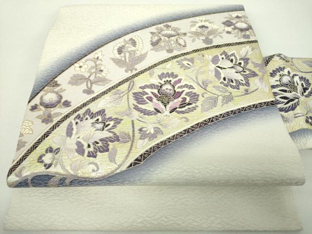 平和屋着物●九寸名古屋帯　刺繍　貝紫　更紗花文　金銀彩　銀通し地　正絹　逸品　未使用　DABE5335ps