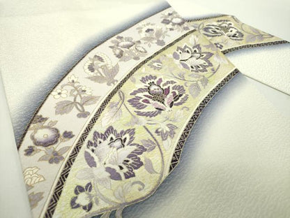 平和屋着物●九寸名古屋帯　刺繍　貝紫　更紗花文　金銀彩　銀通し地　正絹　逸品　未使用　DABE5335ps