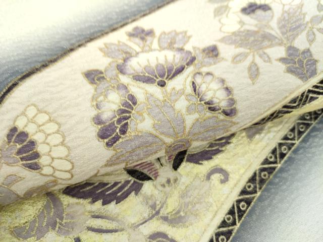 平和屋着物●九寸名古屋帯　刺繍　貝紫　更紗花文　金銀彩　銀通し地　正絹　逸品　未使用　DABE5335ps
