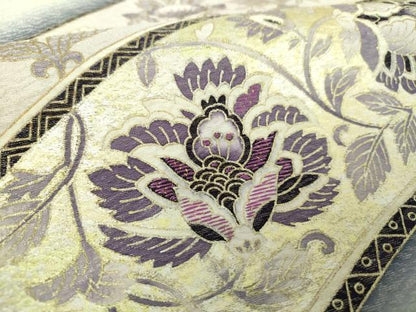 平和屋着物●九寸名古屋帯　刺繍　貝紫　更紗花文　金銀彩　銀通し地　正絹　逸品　未使用　DABE5335ps